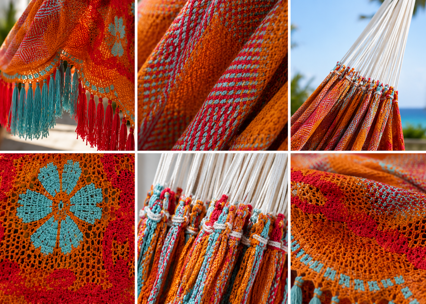 Hamac bohème artisanal en fil acrylique tissé à la main, installé dans un jardin méditerranéen avec vue sur la mer, artisanat colombien O'unaa
