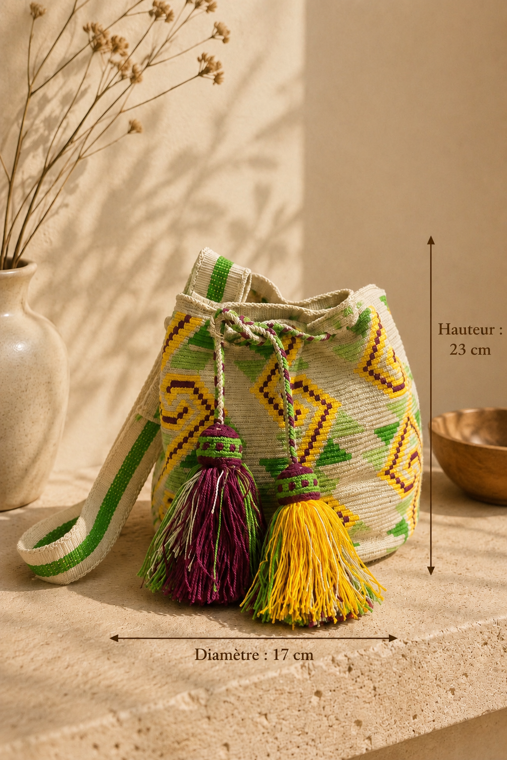 Sac seau MOCHILA Wayuu T. MOYENNE – Artisanat traditionnel de Colombie