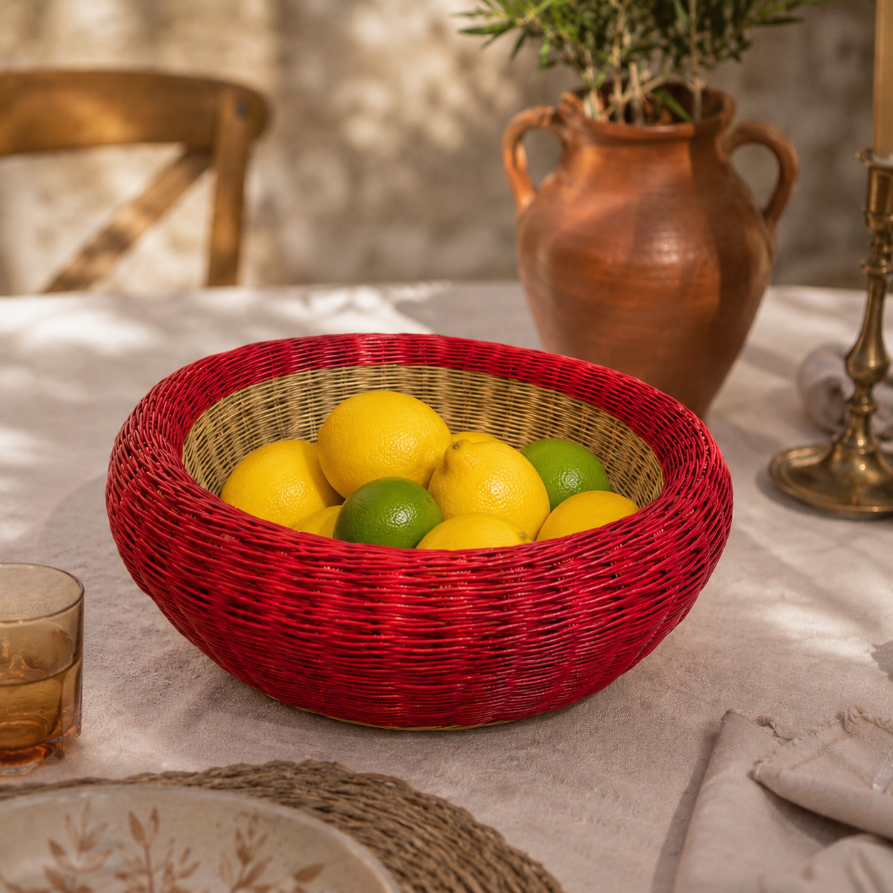 Corbeille décorative rouge en fibre naturelle tressée à la main, remplie de citrons et de citrons verts, posée sur une table en bois dans un décor méditerranéen chaleureux, artisanat colombien O'unaa.