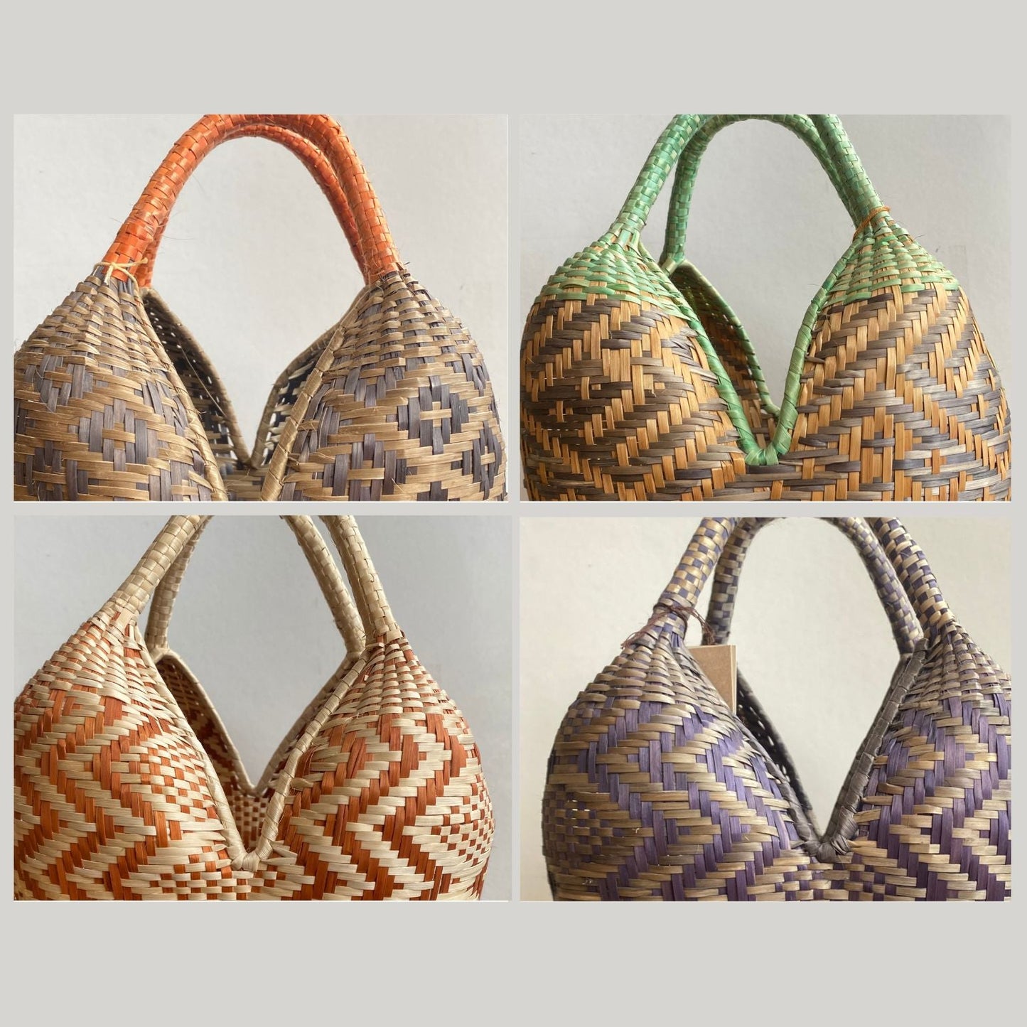 Collection de sacs à main bohèmes en fibre naturelle tressée à la main, disponibles en plusieurs coloris, artisanat colombien O'unaa.