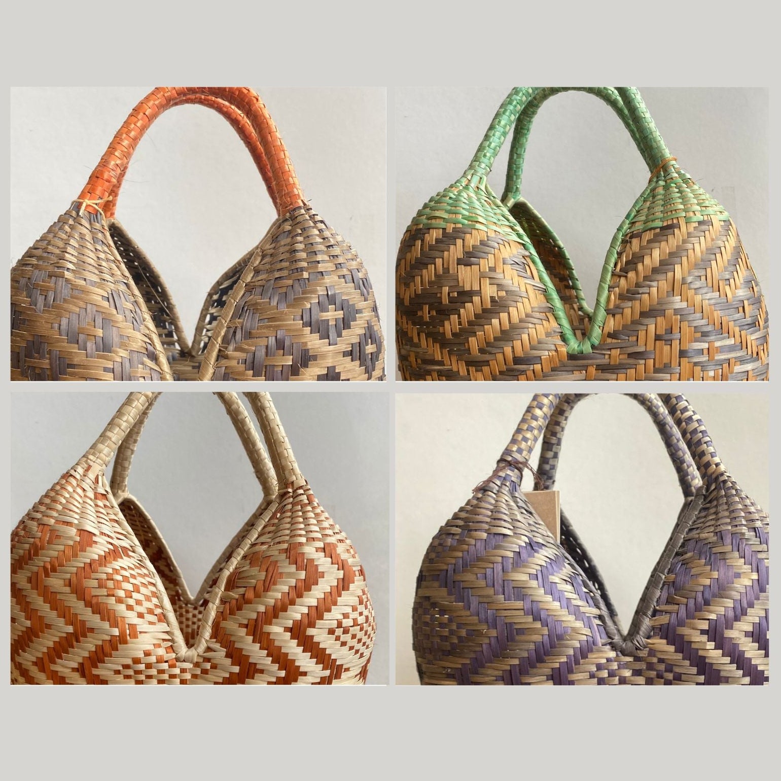 Collection de sacs à main bohèmes en fibre naturelle tressée à la main, disponibles en plusieurs coloris, artisanat colombien O'unaa.