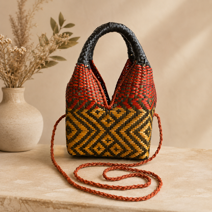 Sac à main artisanal en fibre naturelle tressée à la main, aux motifs géométriques rouges, bleus, verts et naturels, présenté dans une ambiance bohème chic, artisanat colombien O'unaa.