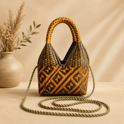 Sac à main artisanal en fibre naturelle tressée à la main, aux motifs géométriques jaune moutarde et vert, avec anses rigides et bandoulière, présenté dans une ambiance bohème chic, artisanat colombien O'unaa.