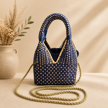 Sac à main artisanal en fibre naturelle tressée à la main, aux motifs géométriques bleus et naturels, présenté dans une ambiance bohème chic, artisanat colombien O'unaa.