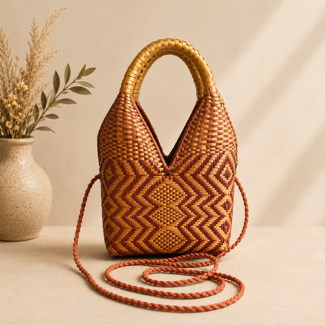 Sac à main artisanal en fibre naturelle tressée à la main, aux motifs géométriques terracotta et naturel, avec anses rigides et bandoulière, présenté dans une ambiance bohème chic, artisanat colombien O'unaa.