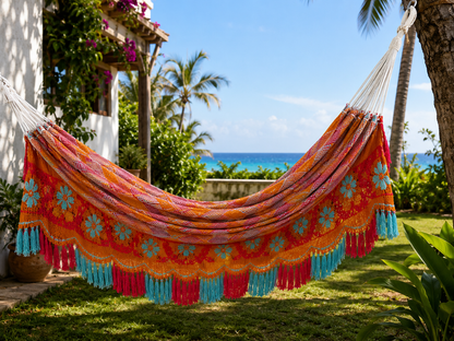 Hamac artisanal colombien tissé à la main en fil acrylique, aux motifs colorés et franges décoratives, suspendu dans un jardin en bord de mer, style bohème O'unaa.